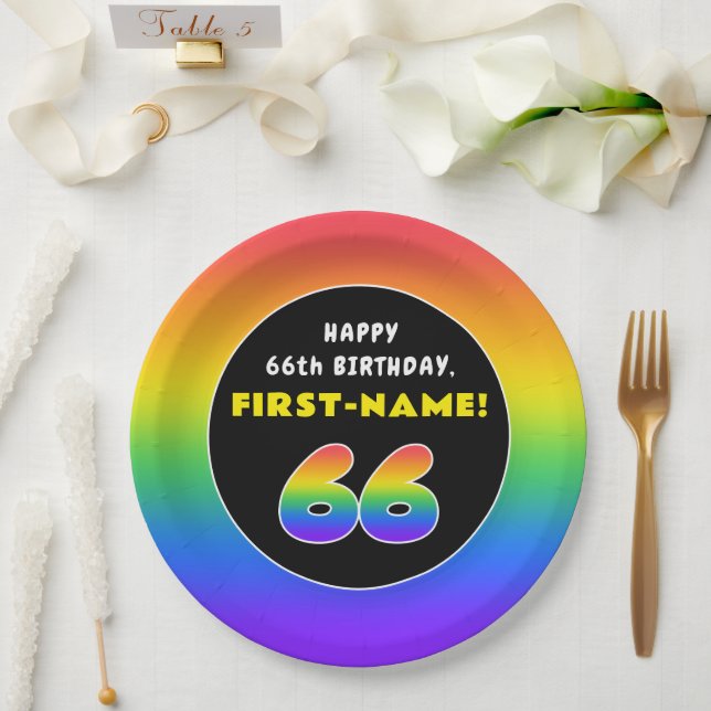 66th Birthday: Colourful Rainbow # 66, Custom Name Paper Plate (Wedding)