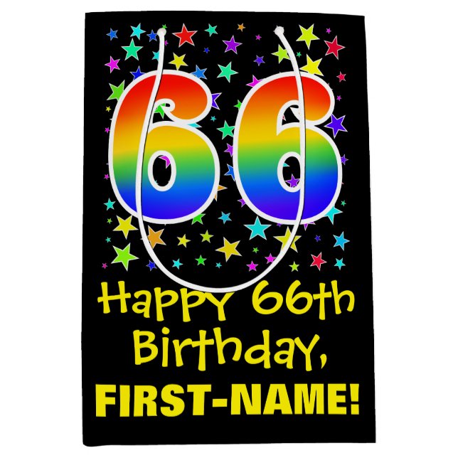 66th Birthday: Colourful Stars Pattern & Rainbow 6 Medium Gift Bag (Front)