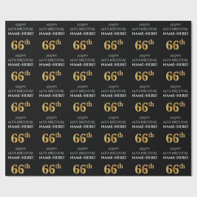 66th Birthday: Elegant, Black, Faux Gold Look Wrapping Paper (Flat)