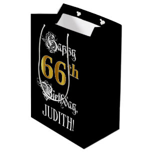 66th Birthday ~ Fancy Script; Faux Gold Look; Name Medium Gift Bag