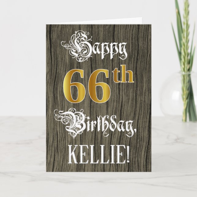 66th Birthday: Faux Gold Look + Faux Wood Pattern Card (Front)