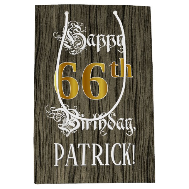 66th Birthday: Faux Gold Look & Faux Wood Pattern Medium Gift Bag (Front)