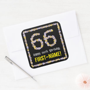66th Birthday: Floral Flowers Number, Custom Name Square Sticker