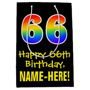 66th Birthday: Fun, Bold, Colourful, Rainbow "66" Medium Gift Bag