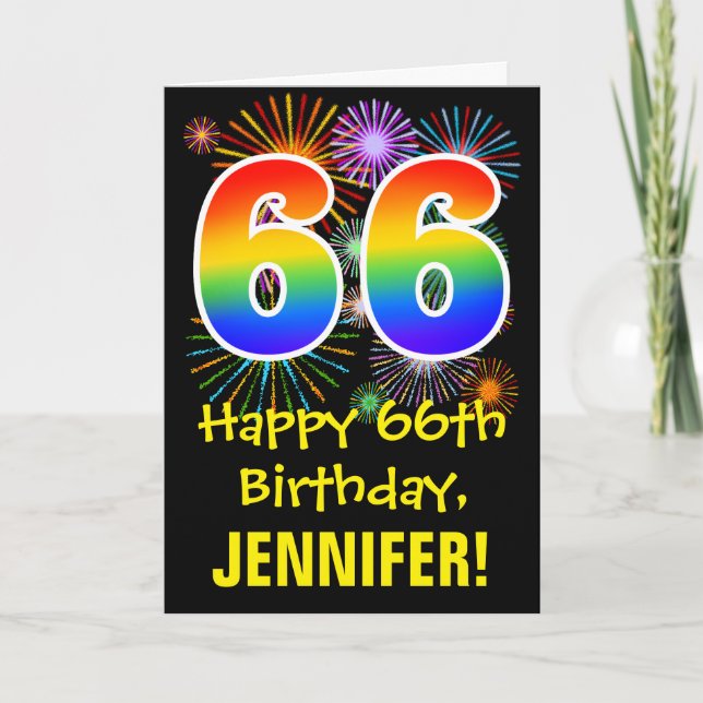 66th Birthday: Fun Fireworks Pattern + Rainbow 66 Card (Front)