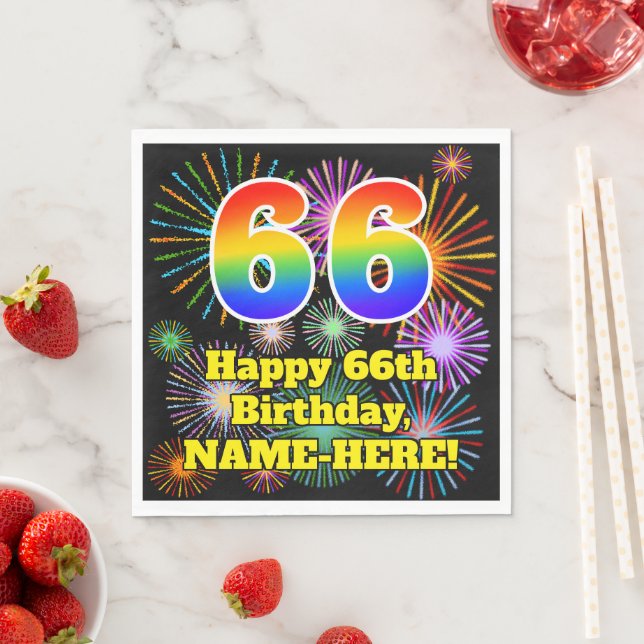 66th Birthday: Fun Fireworks Pattern + Rainbow 66 Napkin (Insitu)