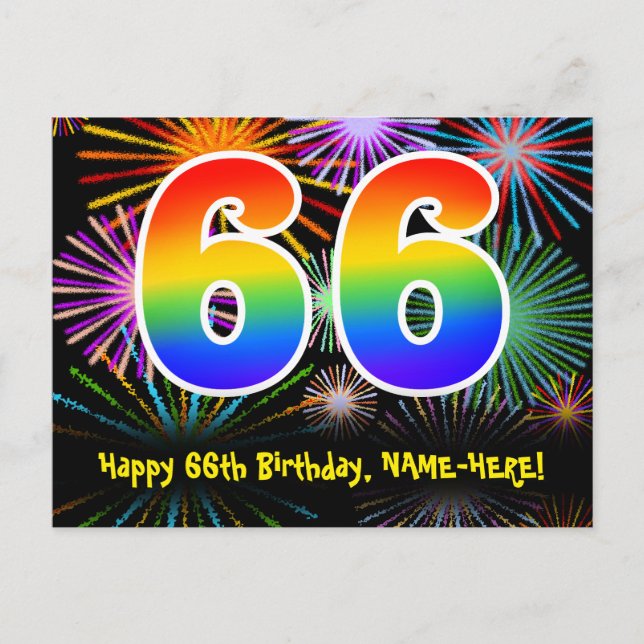 66th Birthday – Fun Fireworks Pattern + Rainbow 66 Postcard (Front)