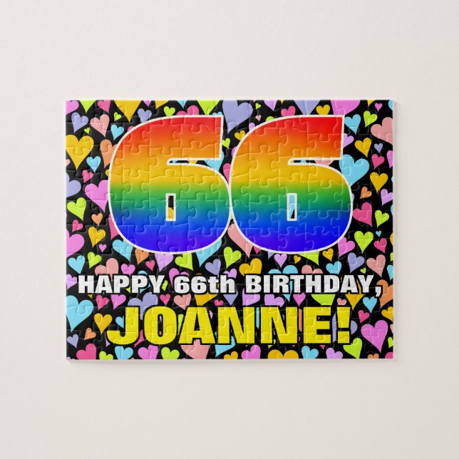 66th Birthday — Fun, Loving Heart Shapes + “66” Jigsaw Puzzle (Horizontal)
