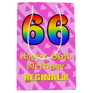 66th Birthday: Fun Pink Hearts Stripes; Rainbow 66 Medium Gift Bag