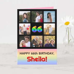 66th Birthday: Fun Rainbow #, Custom Photos + Name Card