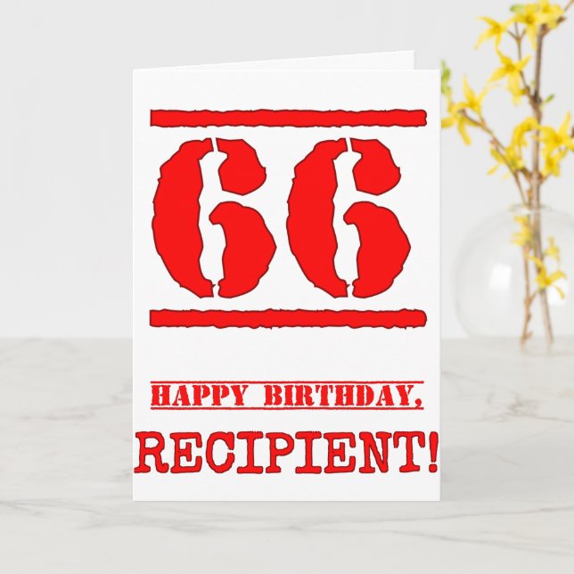 66th Birthday: Fun, Red Rubber Stamp Inspired Look Card (Yellow Flower)
