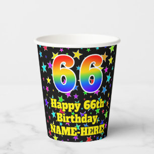 66th Birthday: Fun Stars Pattern and Rainbow 66 Paper Cups