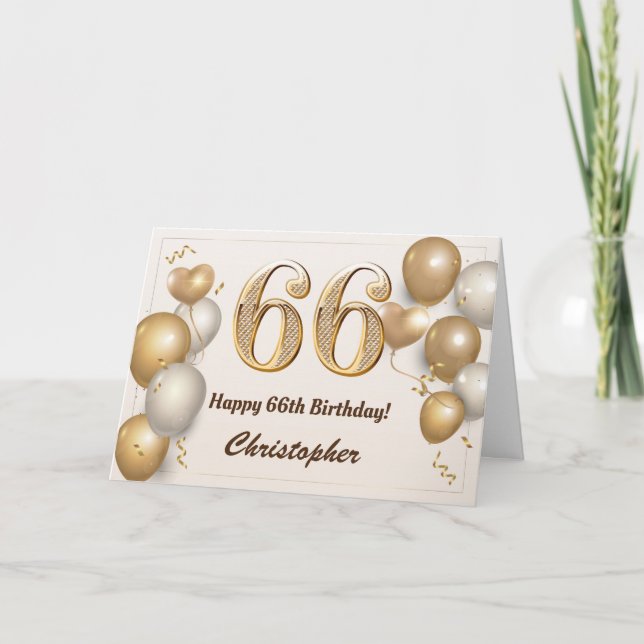 66th Birthday Gold Balloons and Confetti Birthday Card (Front)