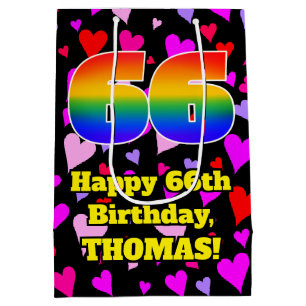 66th Birthday: Loving Hearts Pattern, Rainbow # 66 Medium Gift Bag