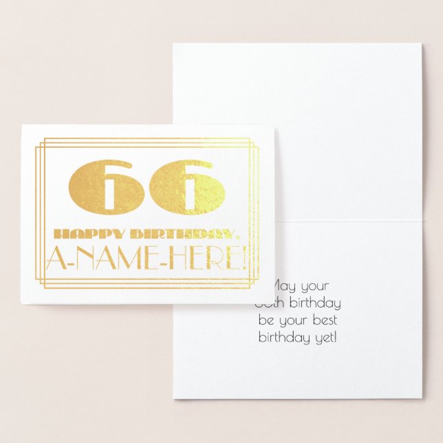 66th Birthday; Name + Art Deco Inspired Look "66" Foil Card (Display)