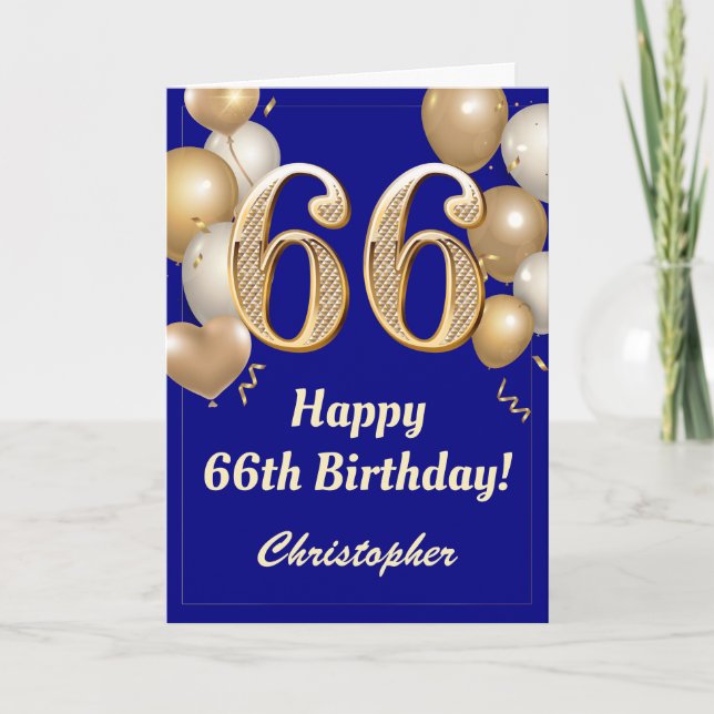 66th Birthday Navy Blue and Gold Balloons Confetti Card (Front)