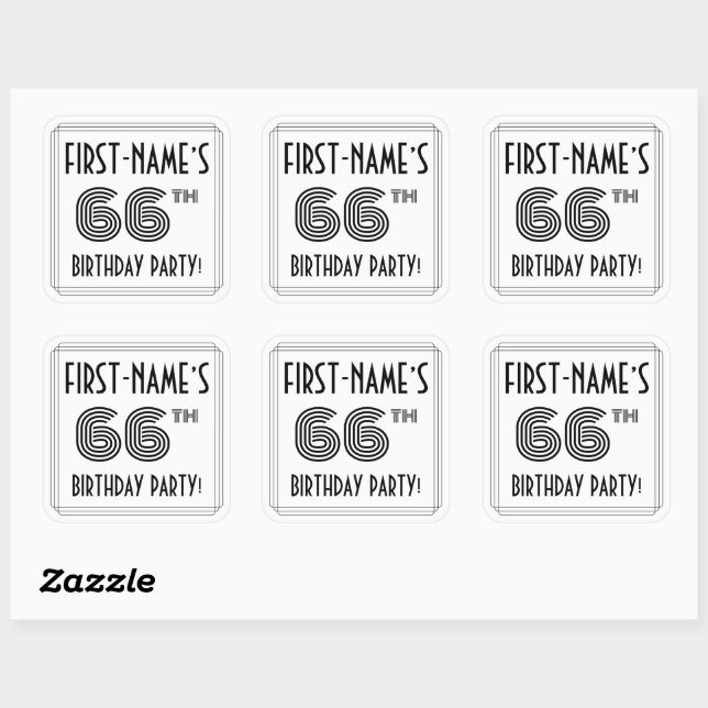 66th Birthday Party: Art Deco Style + Custom Name Square Sticker (Sheet)