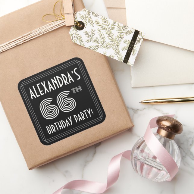 66th Birthday Party: Art Deco Style & Custom Name Square Sticker (Gifting)