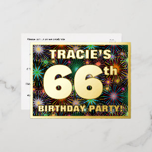 66th Birthday Party: Bold, Colourful Fireworks Loo Foil Invitation Postcard