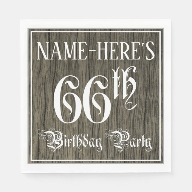 66th Birthday Party — Fancy Script, Faux Wood Look Napkin (Front)