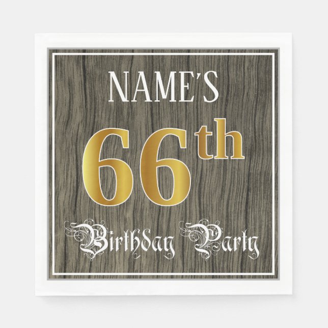 66th Birthday Party — Faux Gold & Faux Wood Looks Napkin (Front)