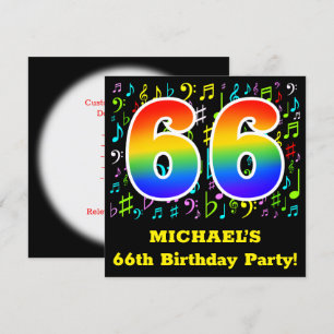 66th Birthday Party: Fun Music Symbols, Rainbow 66 Invitation