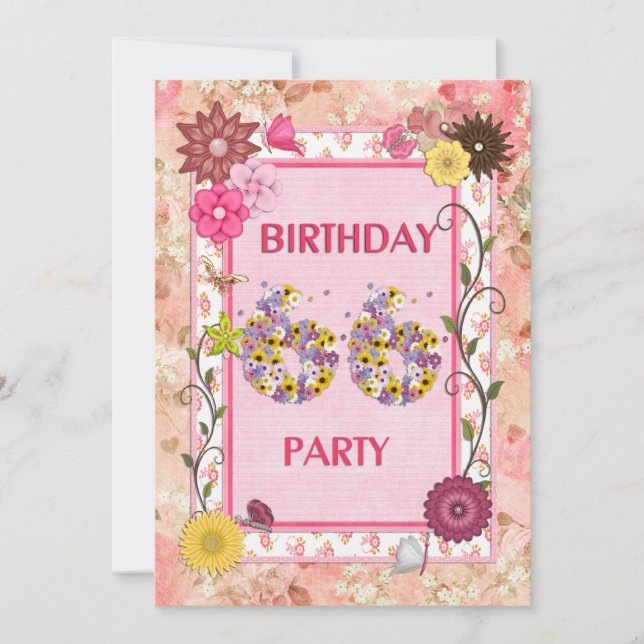 66th birthday party invitation with floral frame (Front)