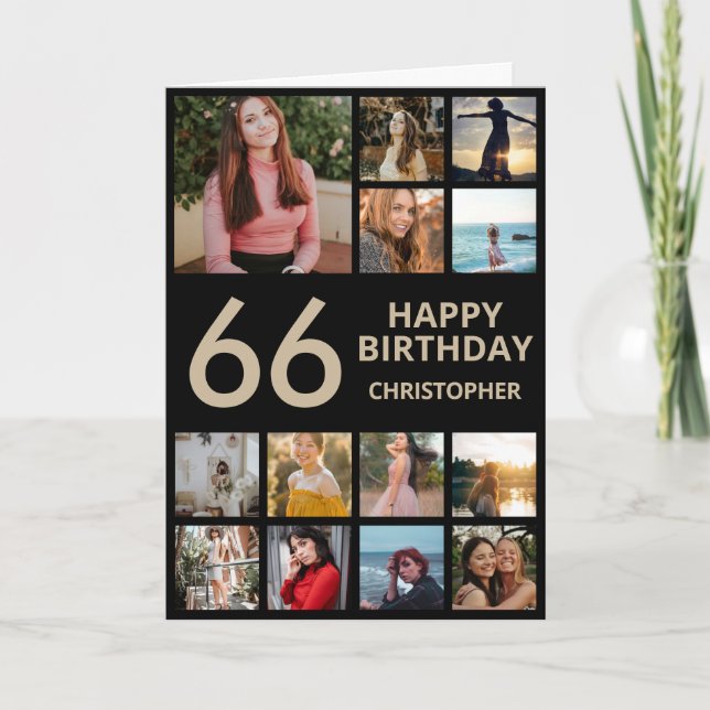 66th Birthday Photo Collage 13 Photos Black & Gold Card (Front)