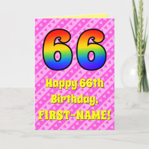 66th Birthday: Pink Stripes & Hearts, Rainbow # 66 Card