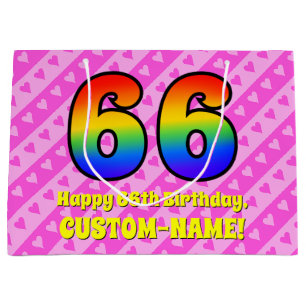66th Birthday: Pink Stripes & Hearts, Rainbow # 66 Large Gift Bag