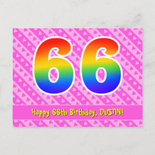 66th Birthday: Pink Stripes & Hearts, Rainbow 66 Postcard