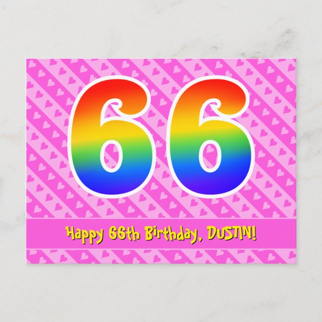 66th Birthday: Pink Stripes & Hearts, Rainbow 66 Postcard (Front)