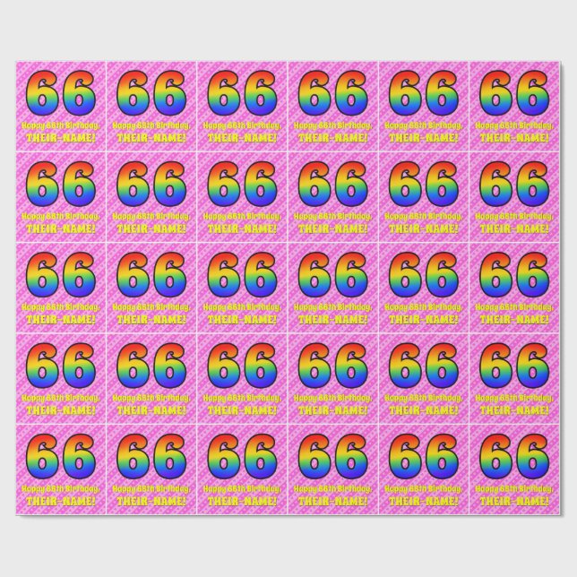 66th Birthday: Pink Stripes & Hearts, Rainbow # 66 Wrapping Paper (Flat)