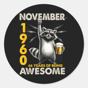 66th Birthday Racoon November 1960 Vintage 66 Classic Round Sticker