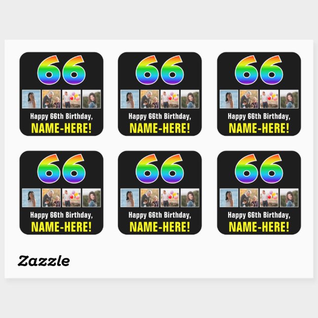 66th Birthday: Rainbow “66”; Custom Photos & Name Square Sticker (Sheet)