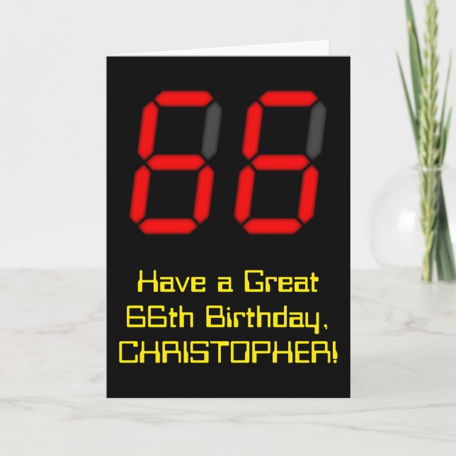 66th Birthday: Red Digital Clock Style "66" + Name Card (Front)