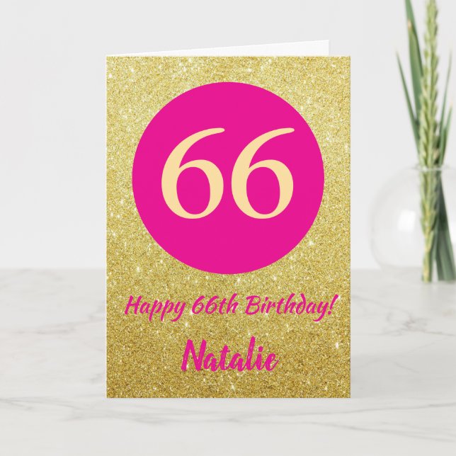 66th Happy Birthday Hot Pink and Gold Glitter Card (Front)