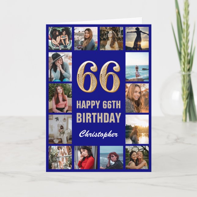 66th Happy Birthday Navy Blue & Gold Photo Collage Card (Front)