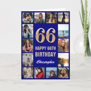 66th Happy Birthday Navy Blue & Gold Photo Collage Card