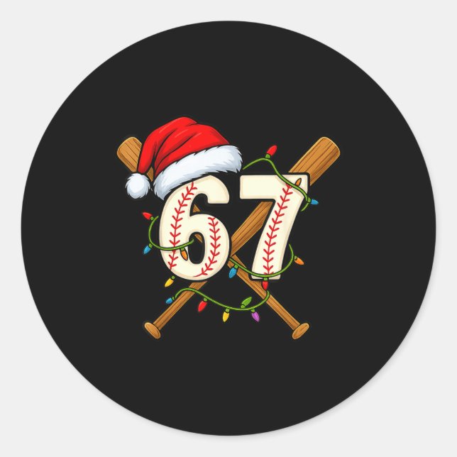 67 Baseball Xmas Lights Santa Hat Funny Holiday  Classic Round Sticker (Front)