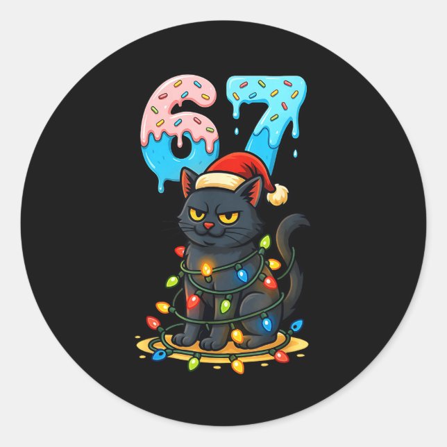 67 Black Cat Santa Hat Christmas Lights Drip For G Classic Round Sticker (Front)