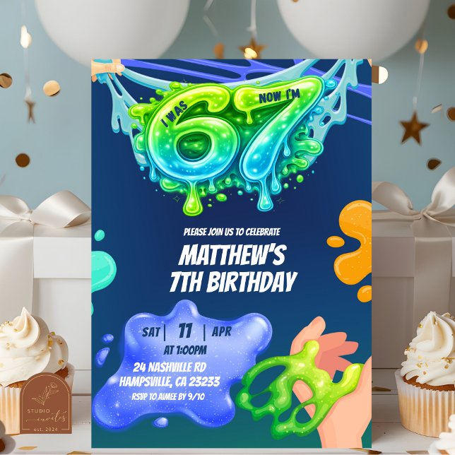 67 Boy Neon Blue Green Slime Birthday Invitation (Creator Uploaded)