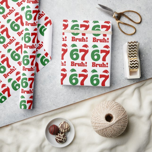 67 Bruh Funny Christmas Red and Green Santa Hat  Wrapping Paper (Crafts)