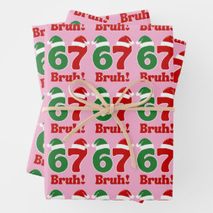 67 Bruh Funny Christmas Red and Green Santa Hat Wrapping Paper Sheet