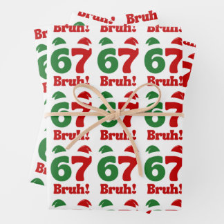 67 Bruh Funny Christmas Red and Green Santa Hat Wrapping Paper Sheet