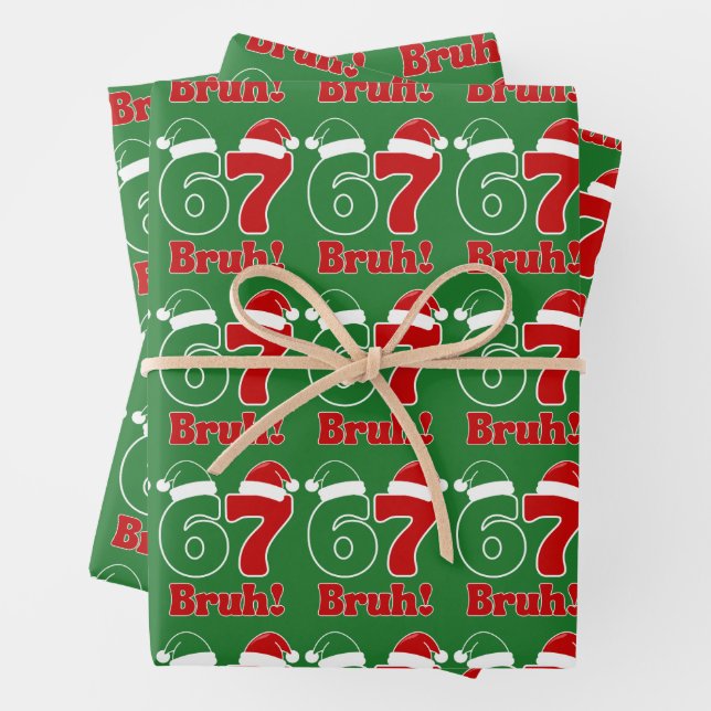 67 Bruh Funny Christmas Red and Green Santa Hat  Wrapping Paper Sheet (In situ)