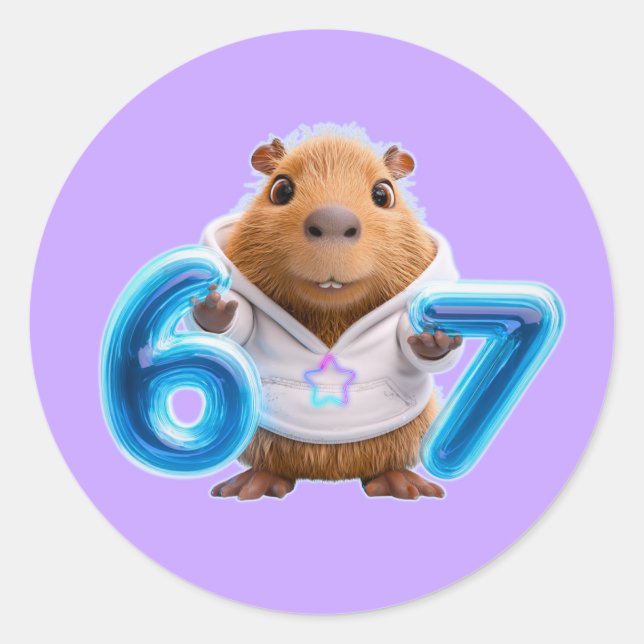 67 Capybara Round Sticker – Blue Glow | Lavender (Front)