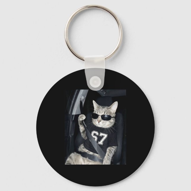 67 Cat Wearing Sungles Gen Alpha Funny Six Seven 6 Key Ring (Front)