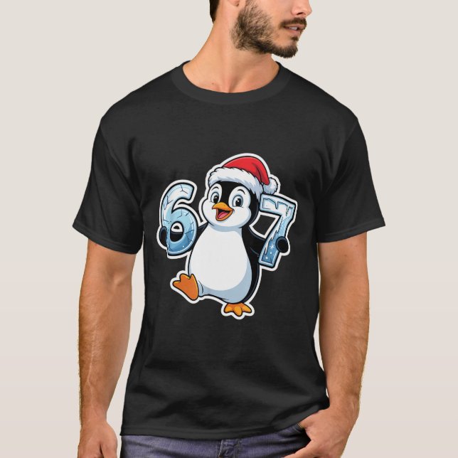 67 Christmas Penguin Santa Hat Birthday Holiday  T-Shirt (Front)