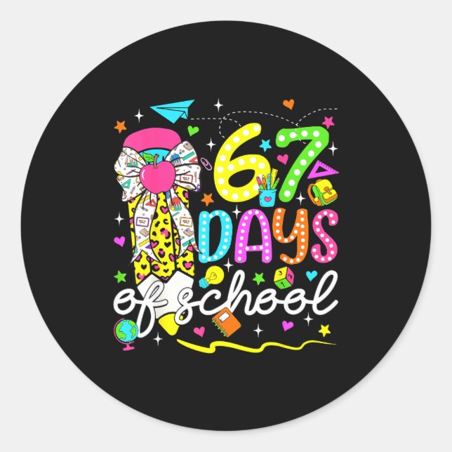 67 Days Of School Girls Coquette Bow Pencil 67 Day Classic Round Sticker (Front)